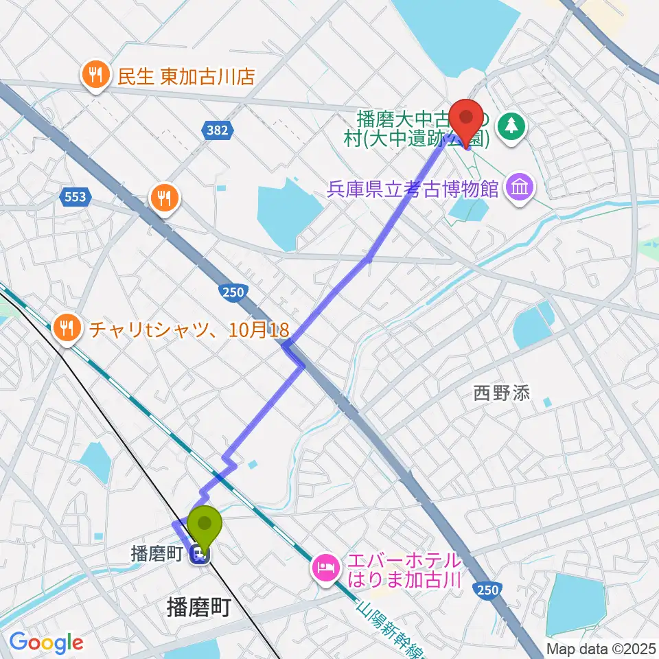 播磨町駅から播磨町郷土資料館へのルートマップ地図