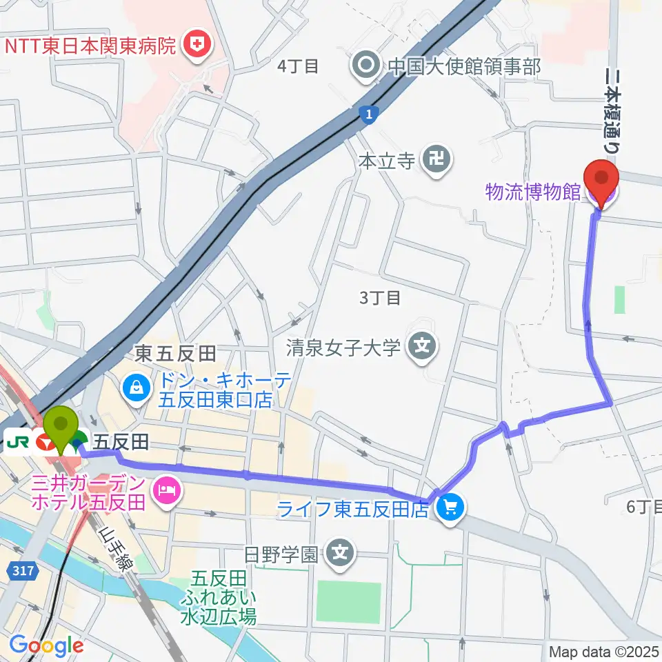 五反田駅から物流博物館へのルートマップ地図