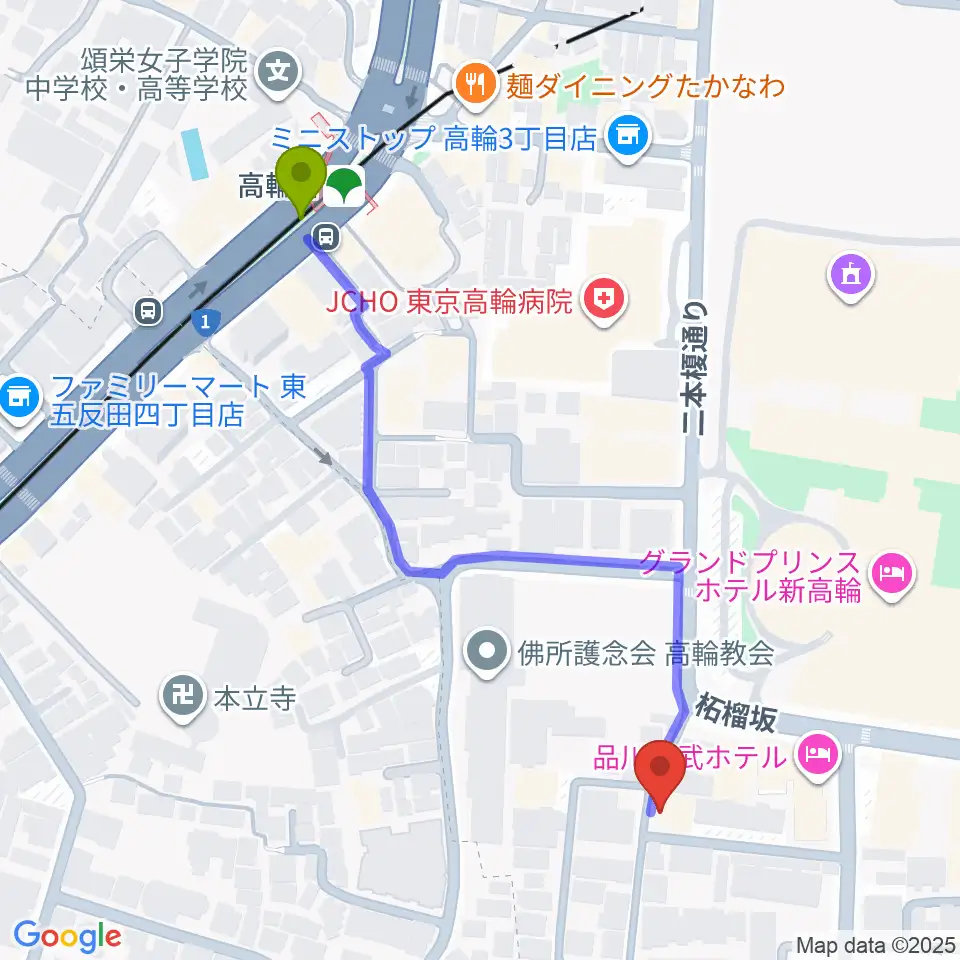 物流博物館の最寄駅高輪台駅からの徒歩ルート（約6分）地図