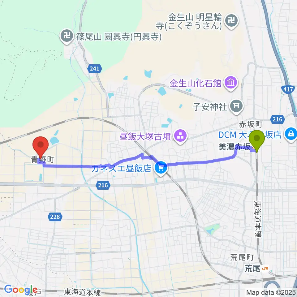美濃赤坂駅から大垣市歴史民俗資料館へのルートマップ地図