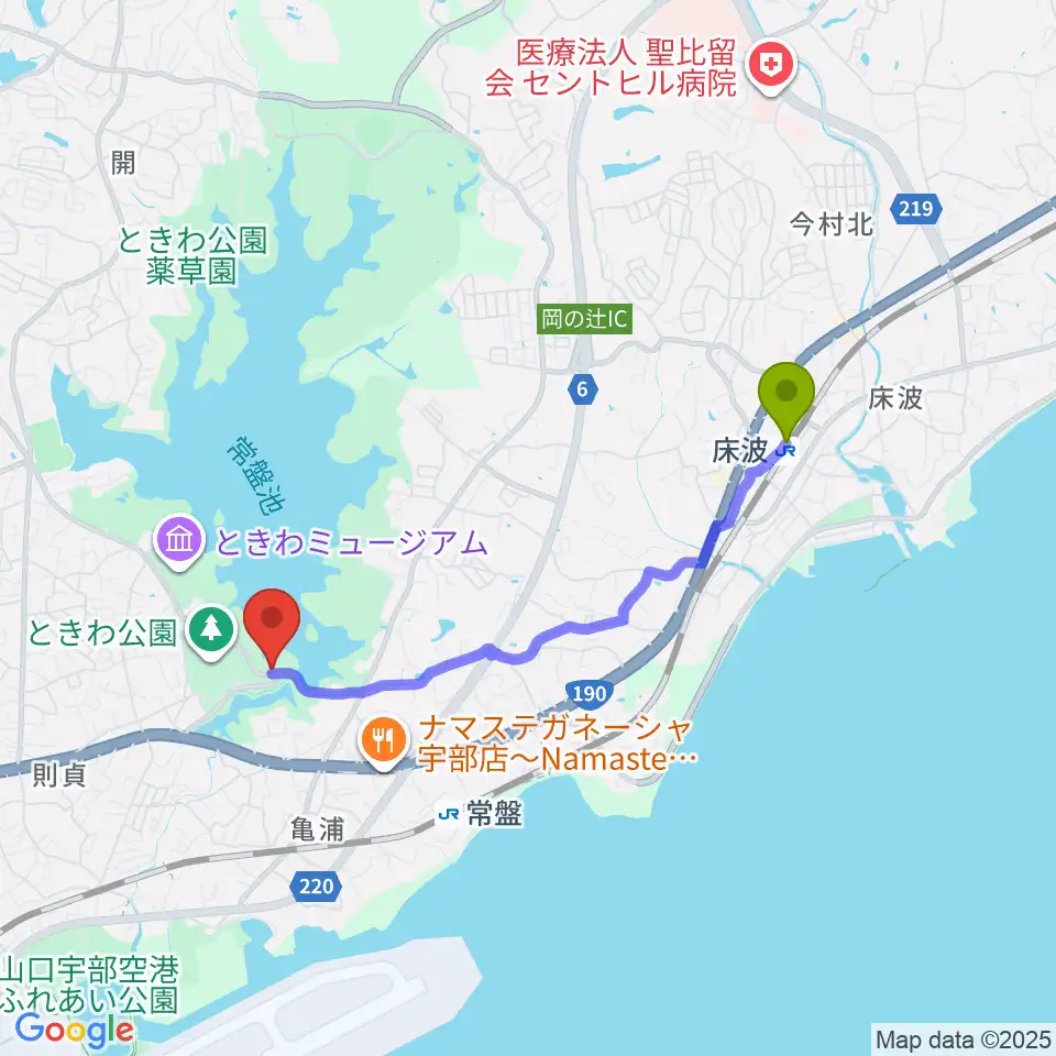 床波駅から宇部市石炭記念館へのルートマップ地図