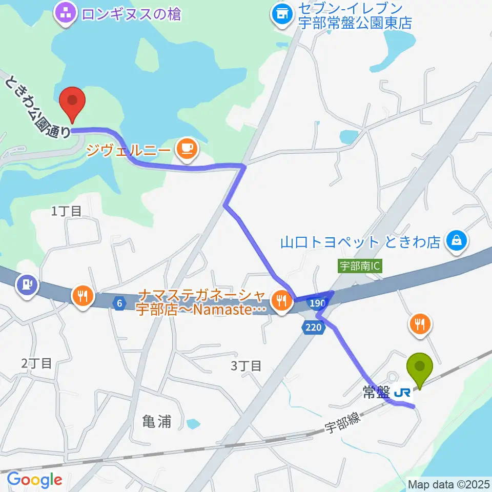 宇部市石炭記念館の最寄駅常盤駅からの徒歩ルート（約14分）地図