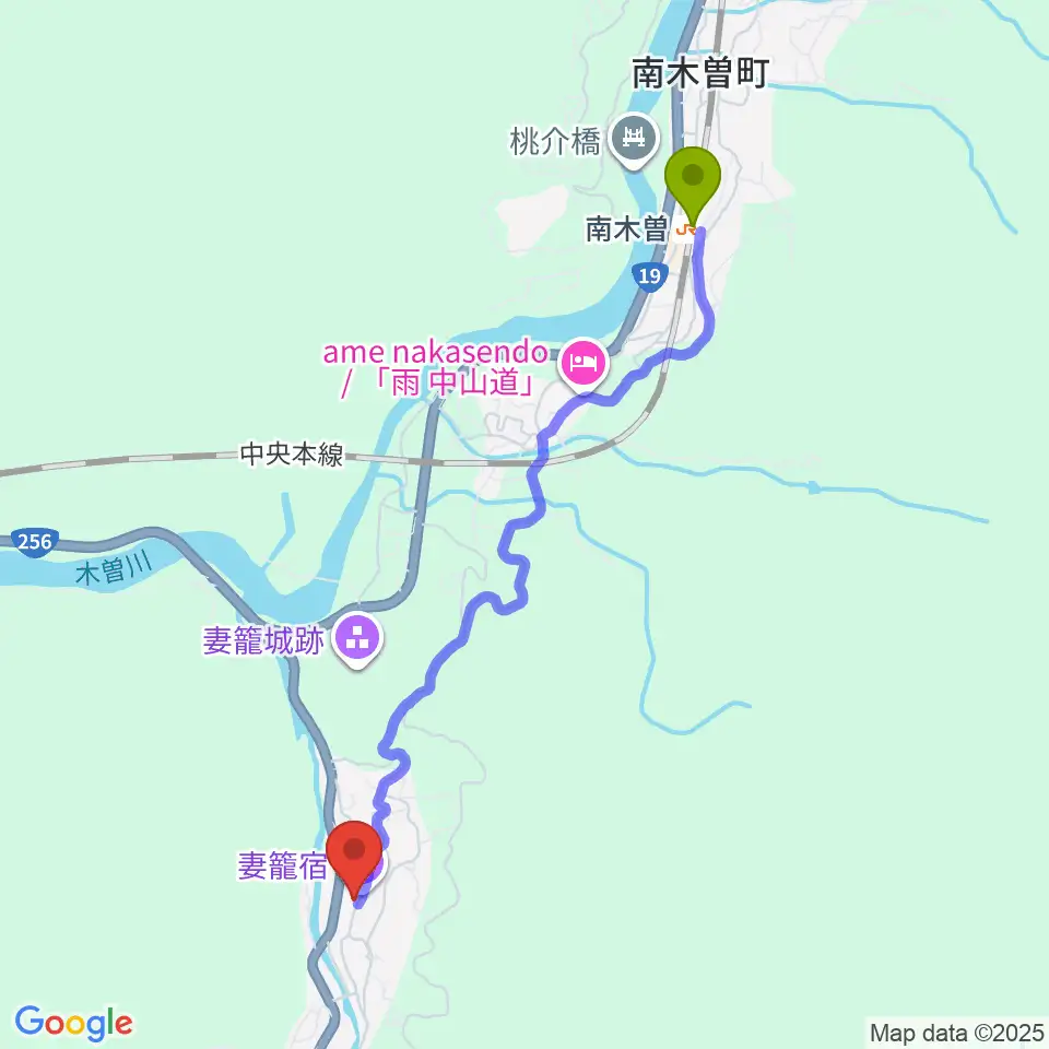 南木曽町博物館の最寄駅南木曽駅からの徒歩ルート（約45分）地図