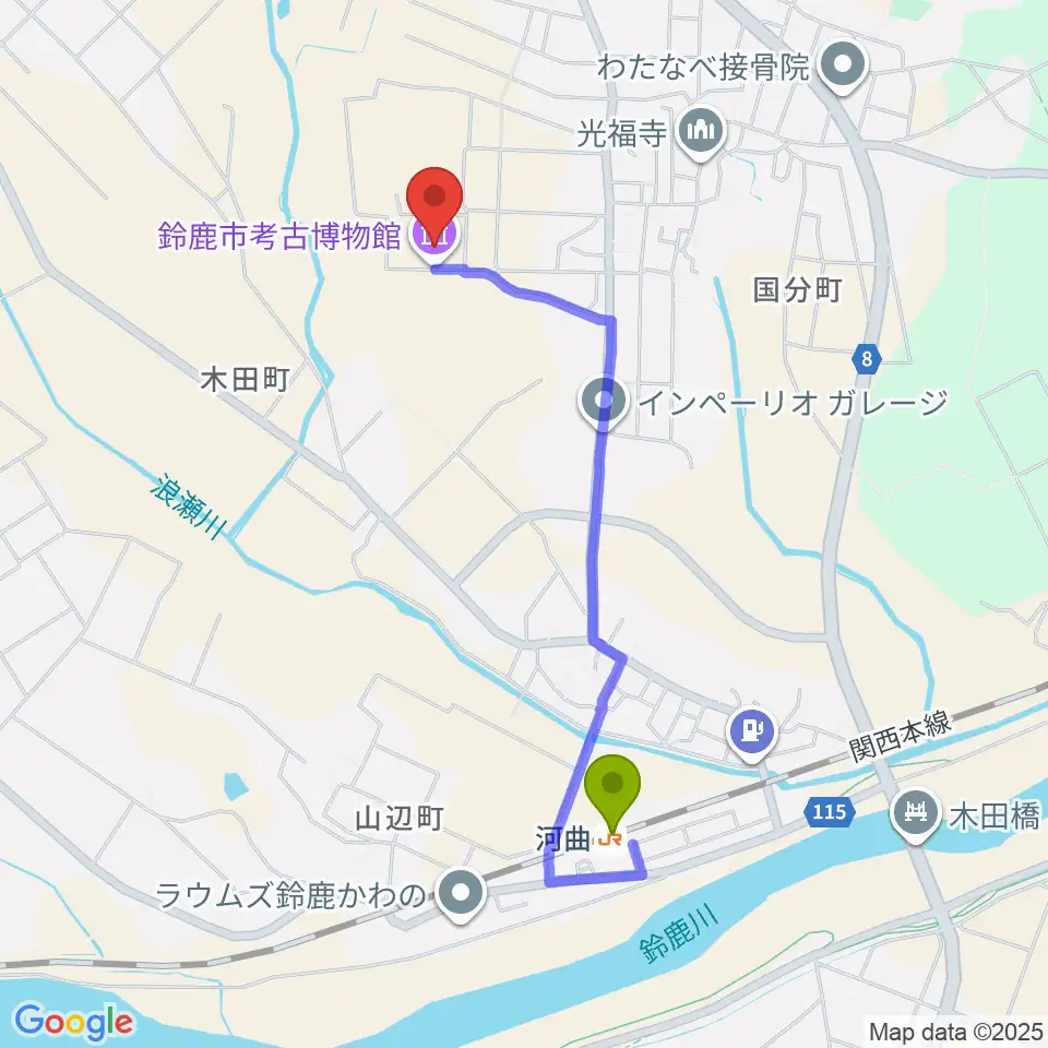 鈴鹿市考古博物館の最寄駅河曲駅からの徒歩ルート（約18分）地図