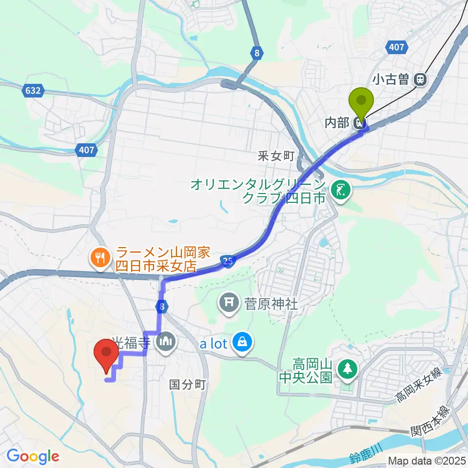 内部駅から鈴鹿市考古博物館へのルートマップ地図