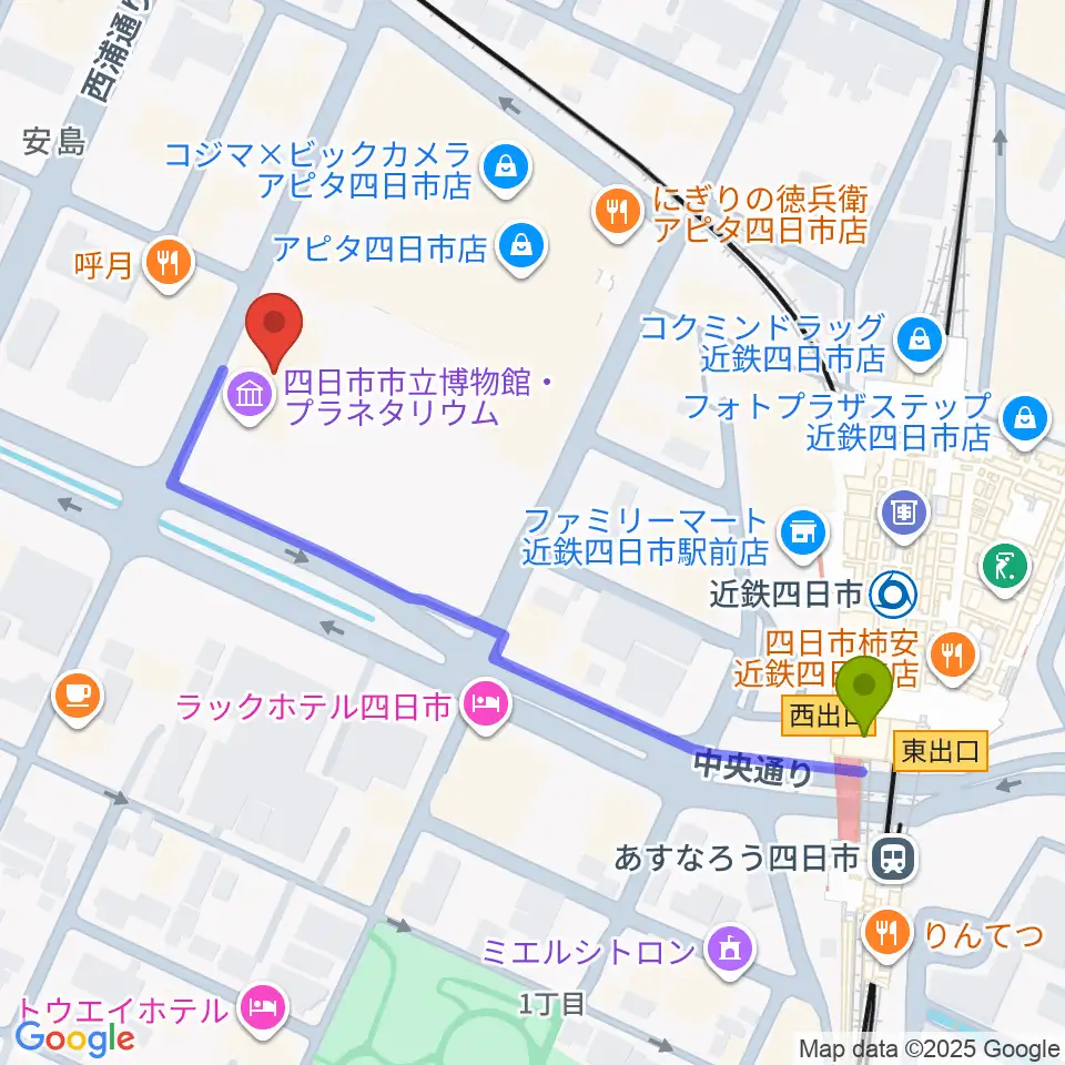 四日市市立博物館の最寄駅近鉄四日市駅からの徒歩ルート（約5分）地図
