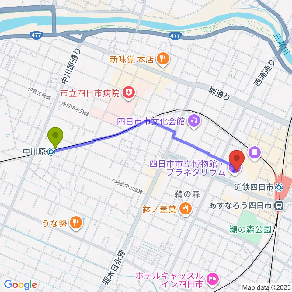中川原駅から四日市市立博物館へのルートマップ地図