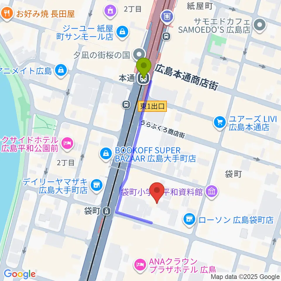 本通駅から頼山陽史跡資料館へのルートマップ地図