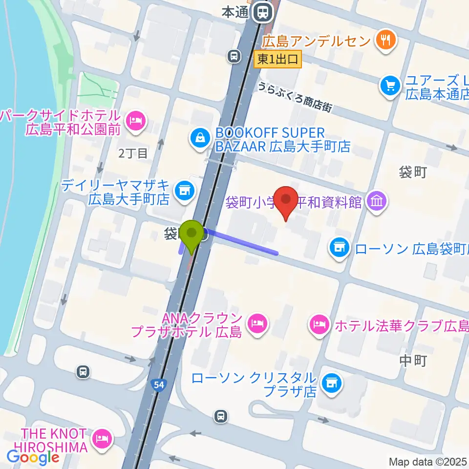 頼山陽史跡資料館の最寄駅袋町駅からの徒歩ルート（約2分）地図