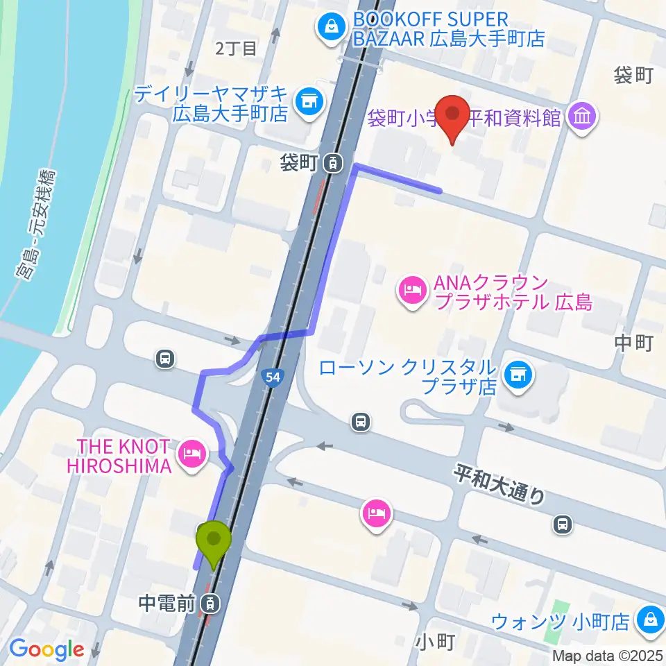 中電前駅から頼山陽史跡資料館へのルートマップ地図