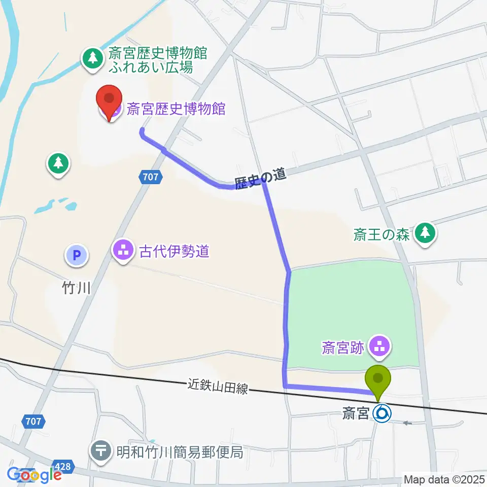 斎宮歴史博物館の最寄駅斎宮駅からの徒歩ルート（約13分）地図