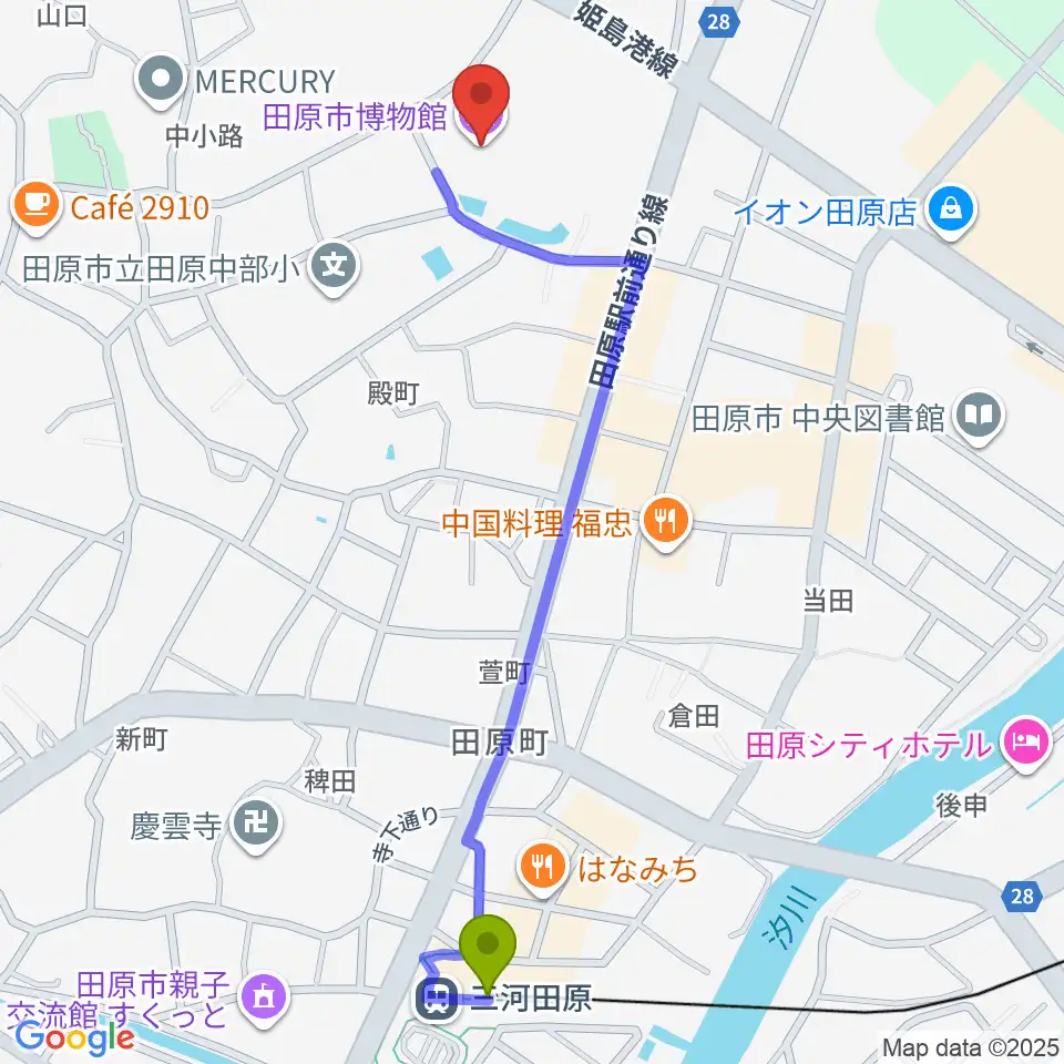 田原市博物館の最寄駅三河田原駅からの徒歩ルート（約13分）地図