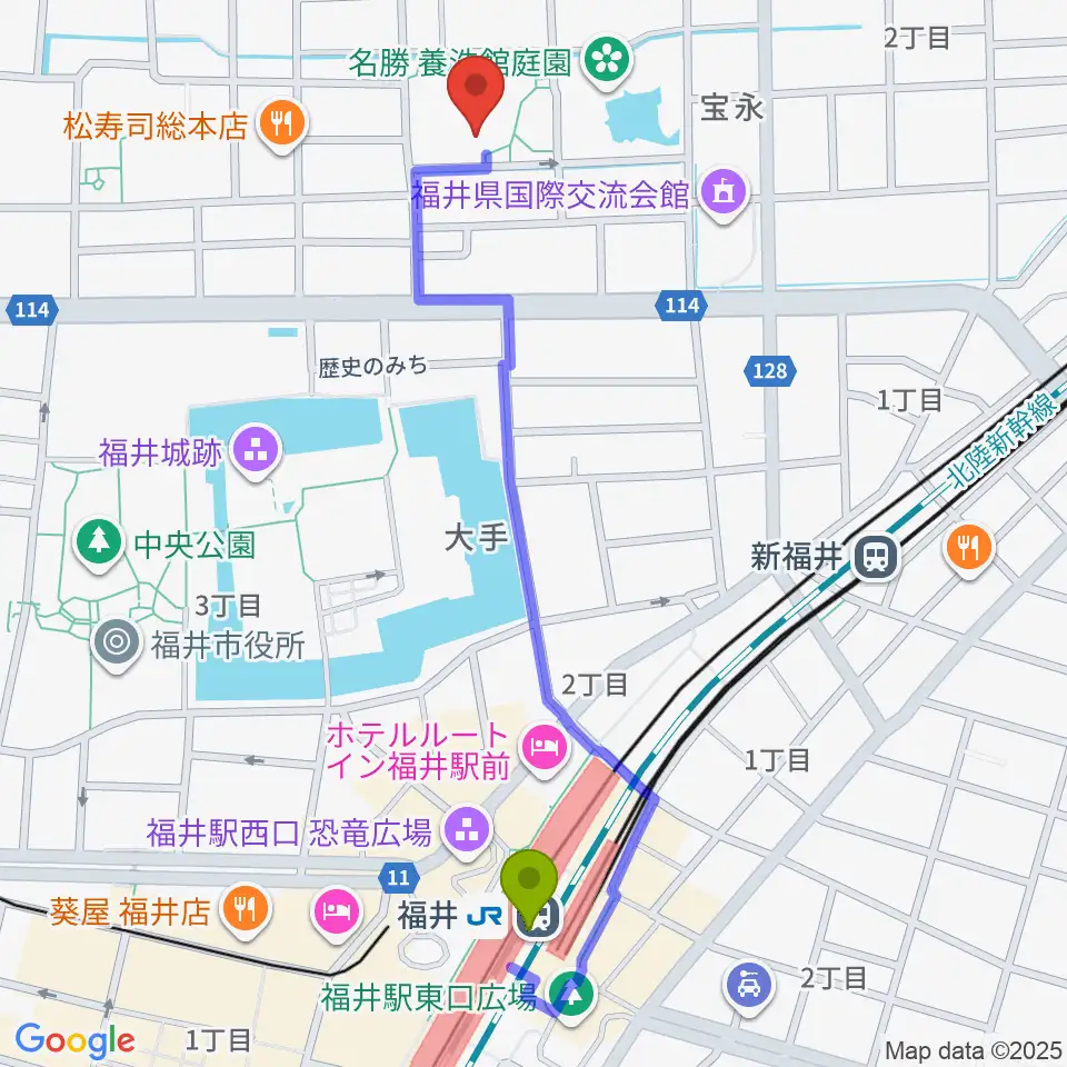 福井駅から福井市立郷土歴史博物館へのルートマップ地図