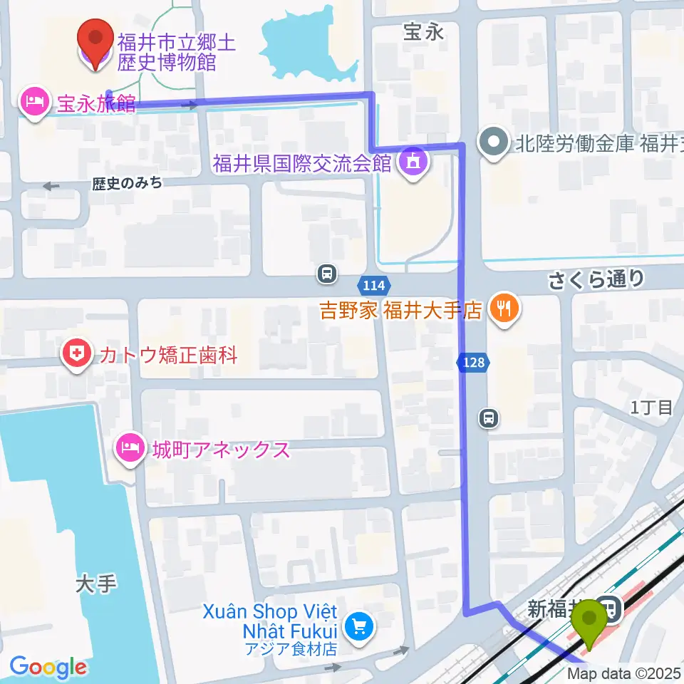 新福井駅から福井市立郷土歴史博物館へのルートマップ地図