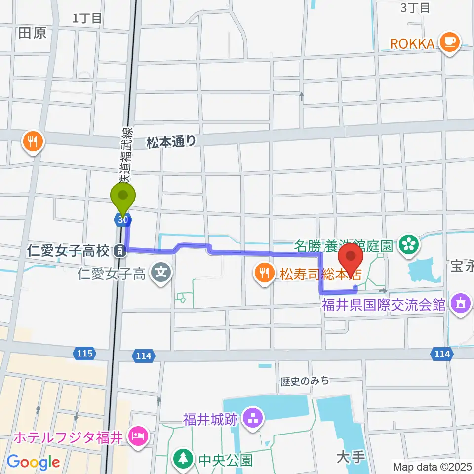 福井市立郷土歴史博物館の最寄駅仁愛女子高校駅からの徒歩ルート（約8分）地図