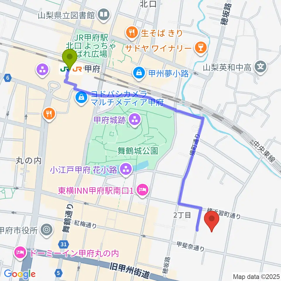 甲府駅から山梨中銀金融資料館へのルートマップ地図