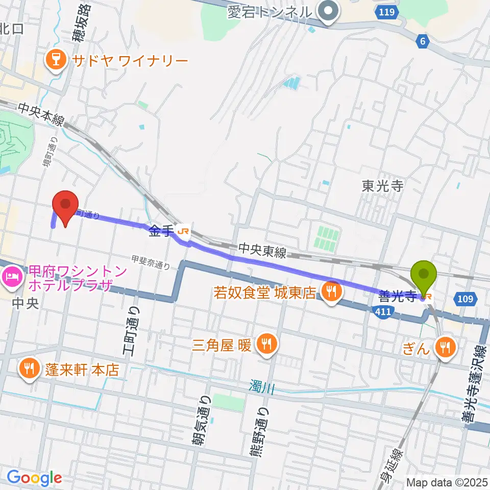 善光寺駅から山梨中銀金融資料館へのルートマップ地図