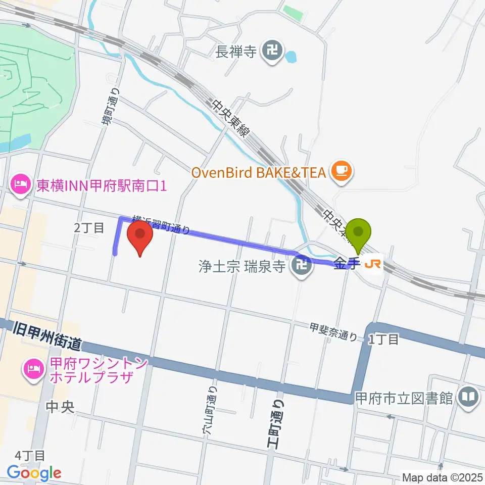 山梨中銀金融資料館の最寄駅金手駅からの徒歩ルート（約7分）地図