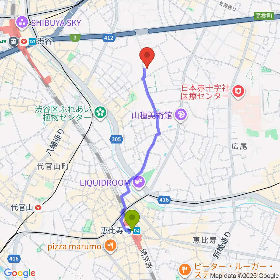 恵比寿駅から國學院大學博物館へのルートマップ地図