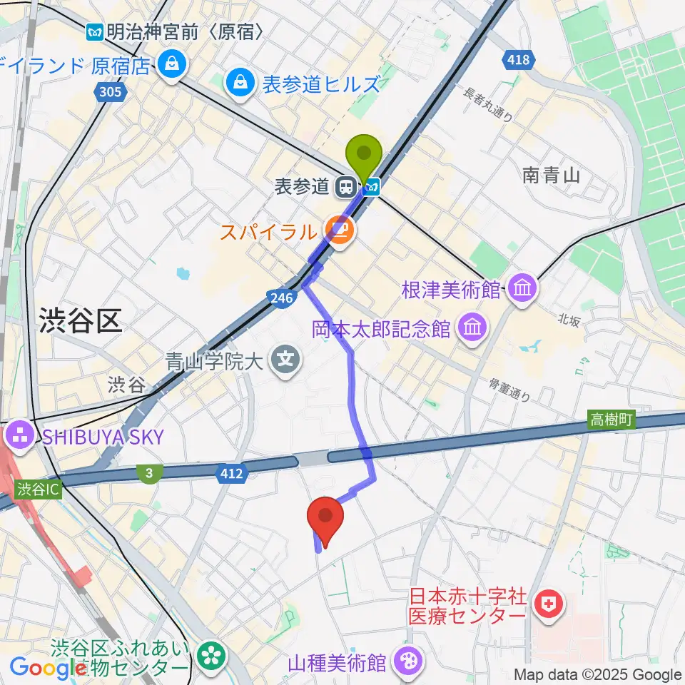 表参道駅から國學院大學博物館へのルートマップ地図