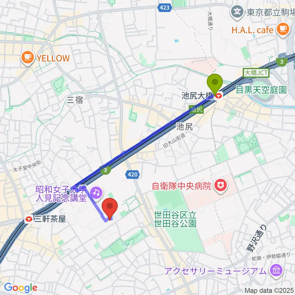 池尻大橋駅から昭和女子大学光葉博物館へのルートマップ地図