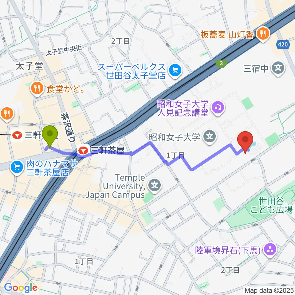 昭和女子大学光葉博物館の最寄駅三軒茶屋駅からの徒歩ルート（約10分）地図