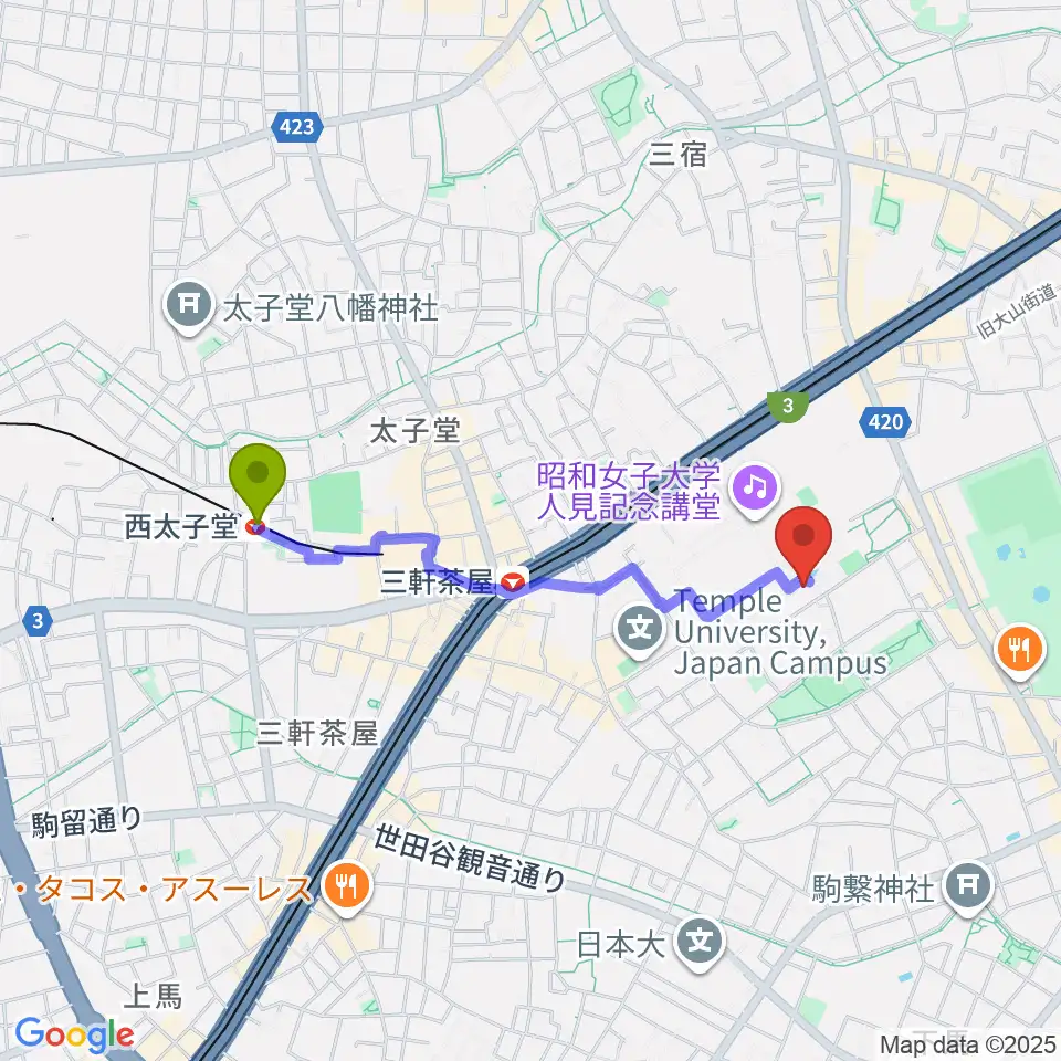 西太子堂駅から昭和女子大学光葉博物館へのルートマップ地図