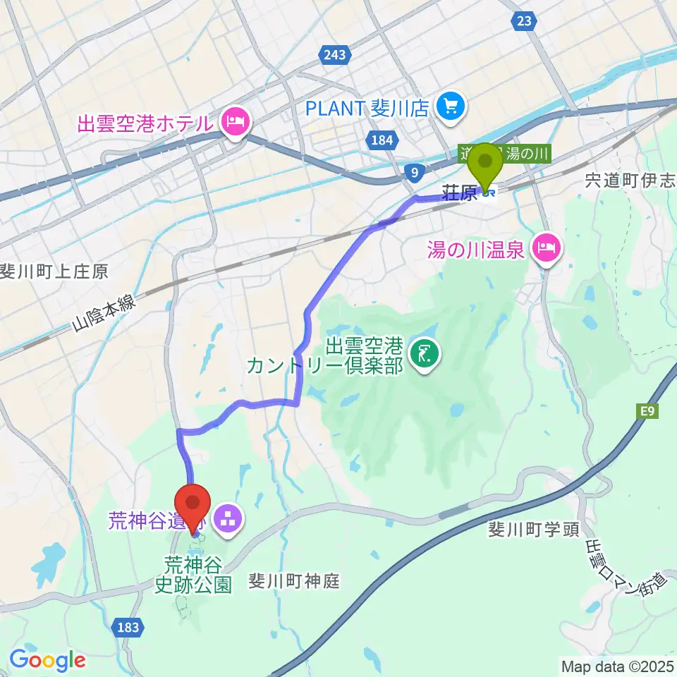 荒神谷博物館の最寄駅荘原駅からの徒歩ルート（約41分）地図