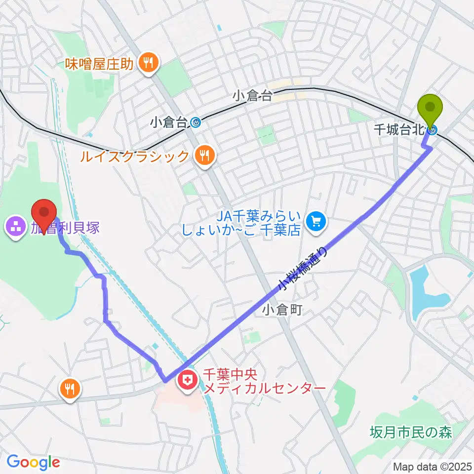 千城台北駅から千葉市立加曽利貝塚博物館へのルートマップ地図