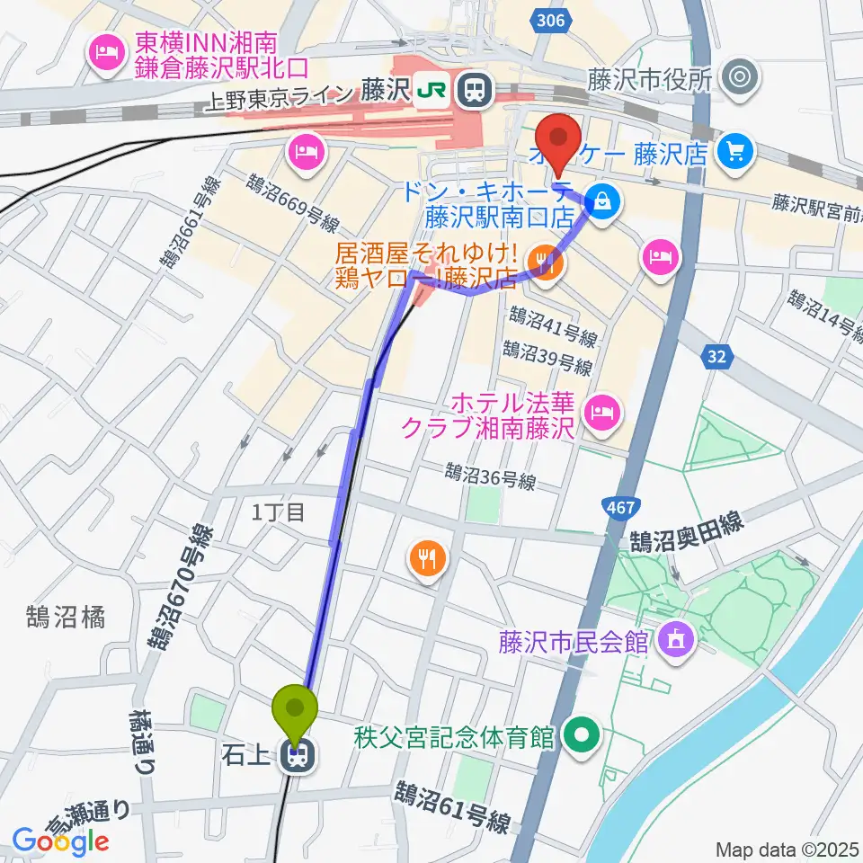 石上駅からTOKYO BEACH STUDIO 湘南藤沢へのルートマップ地図