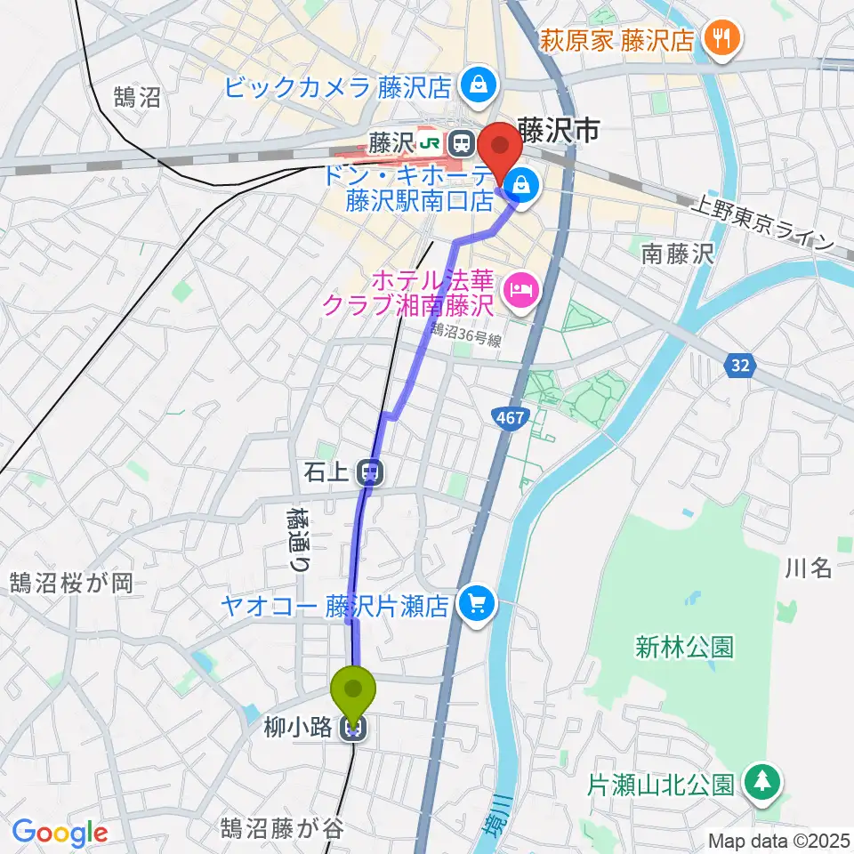 柳小路駅からTOKYO BEACH STUDIO 湘南藤沢へのルートマップ地図