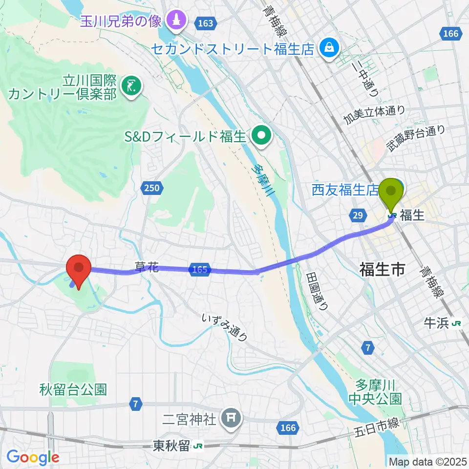 福生駅から内田電気商会グリーンフィールド草花へのルートマップ地図