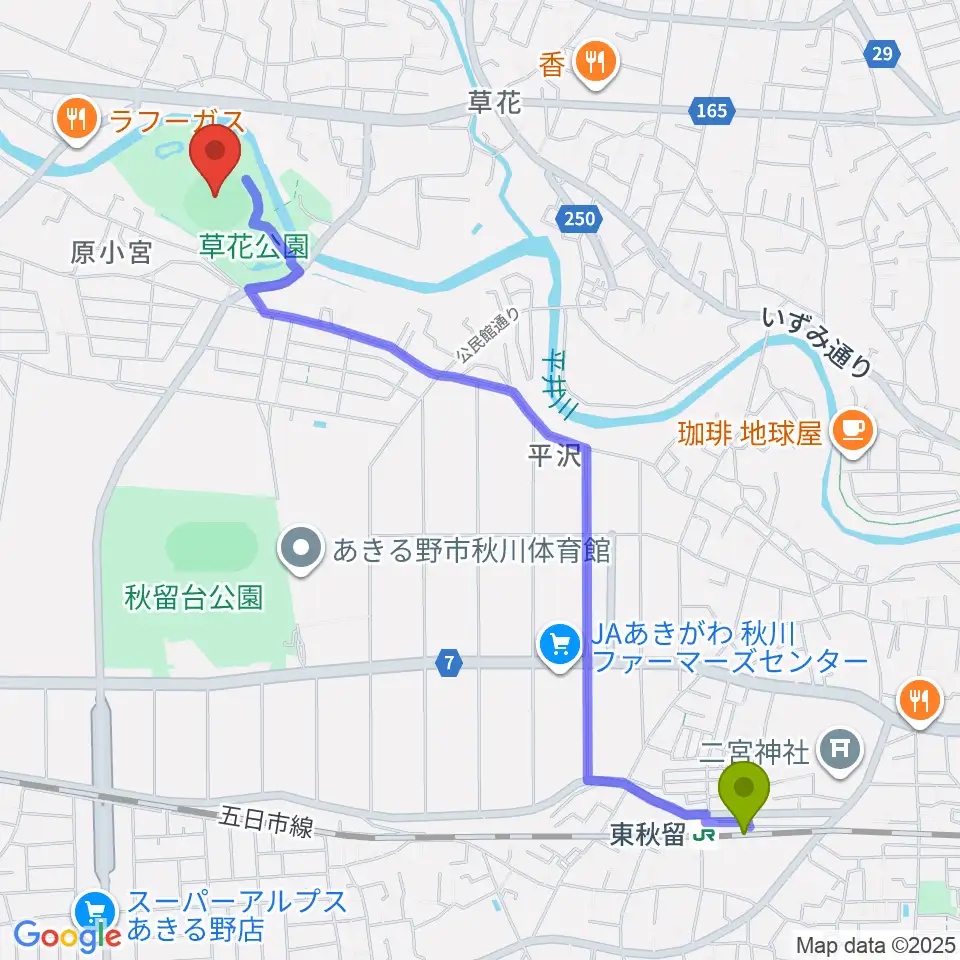 東秋留駅から内田電気商会グリーンフィールド草花へのルートマップ地図