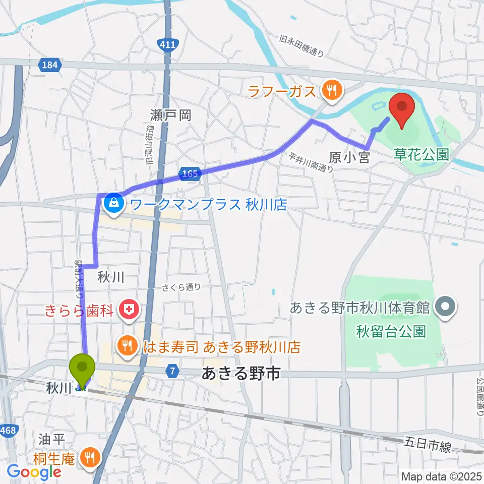 内田電気商会グリーンフィールド草花の最寄駅秋川駅からの徒歩ルート（約26分）地図