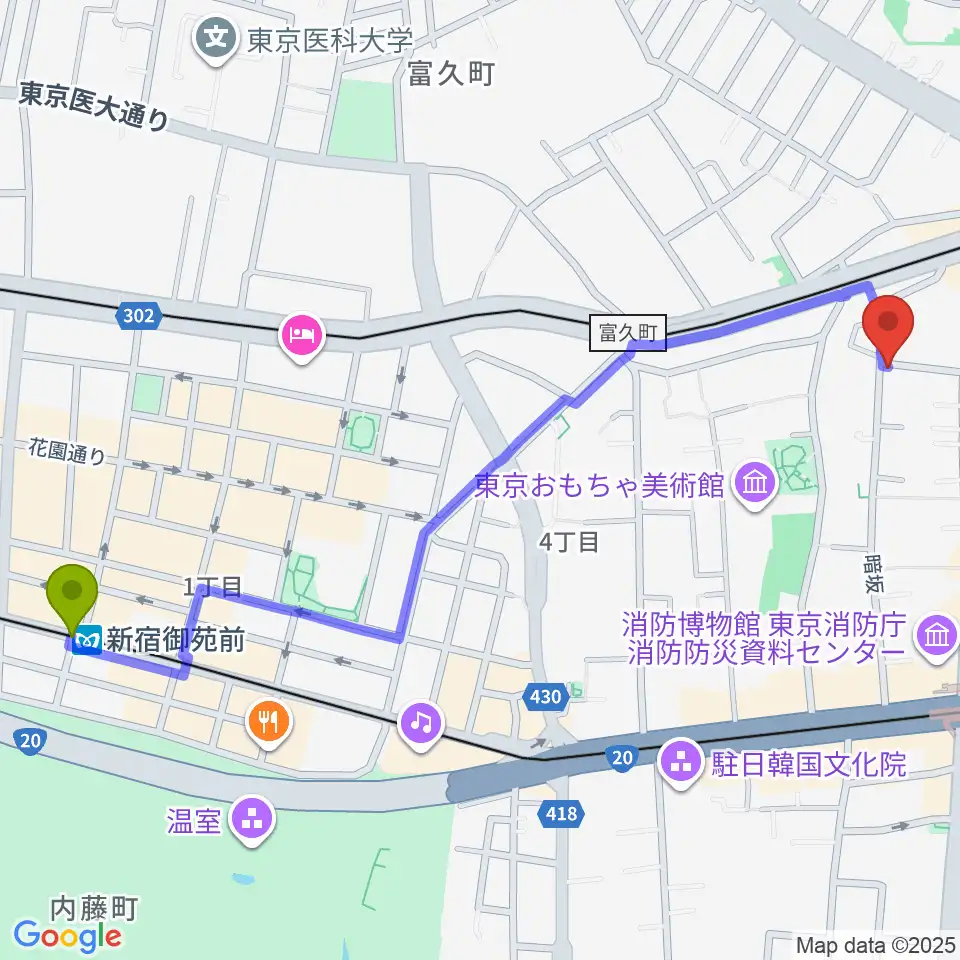 新宿御苑前駅から釣り文化資料館へのルートマップ地図