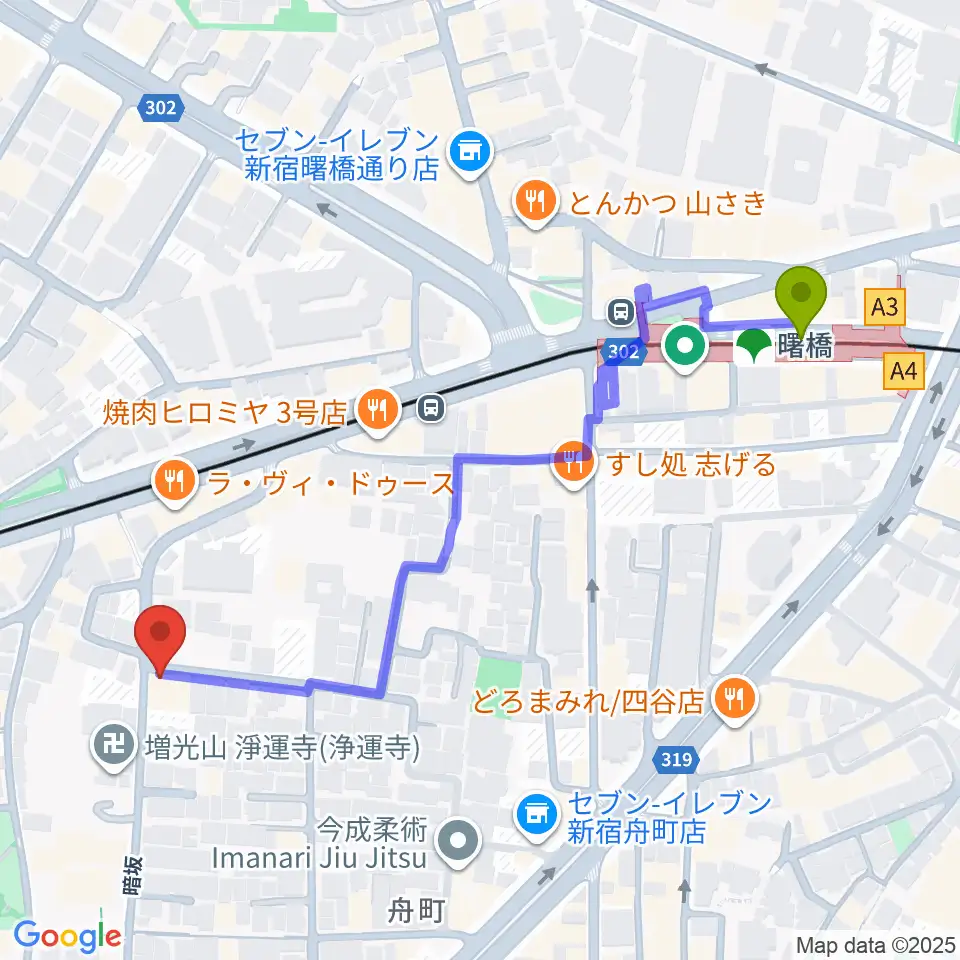曙橋駅から釣り文化資料館へのルートマップ地図