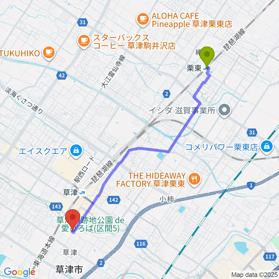 栗東駅から史跡草津宿本陣へのルートマップ地図