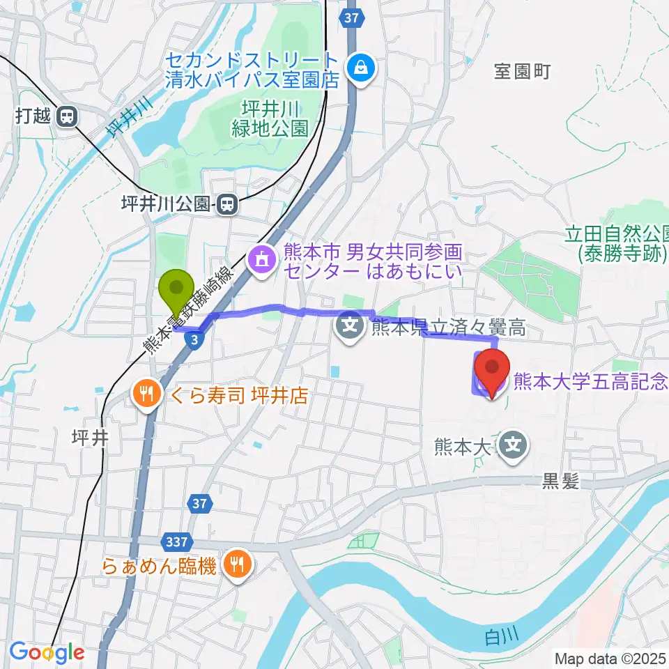熊本大学五高記念館の最寄駅黒髪町駅からの徒歩ルート（約16分）地図