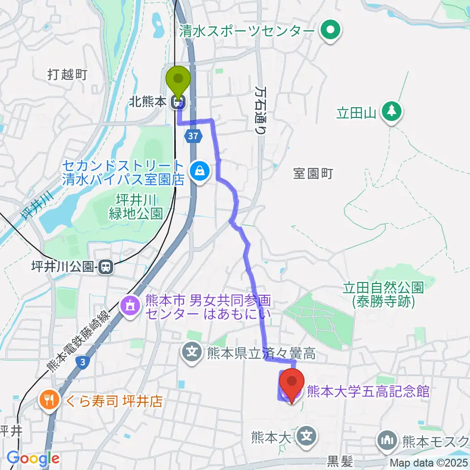 北熊本駅から熊本大学五高記念館へのルートマップ地図