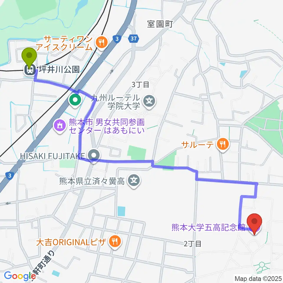 坪井川公園駅から熊本大学五高記念館へのルートマップ地図