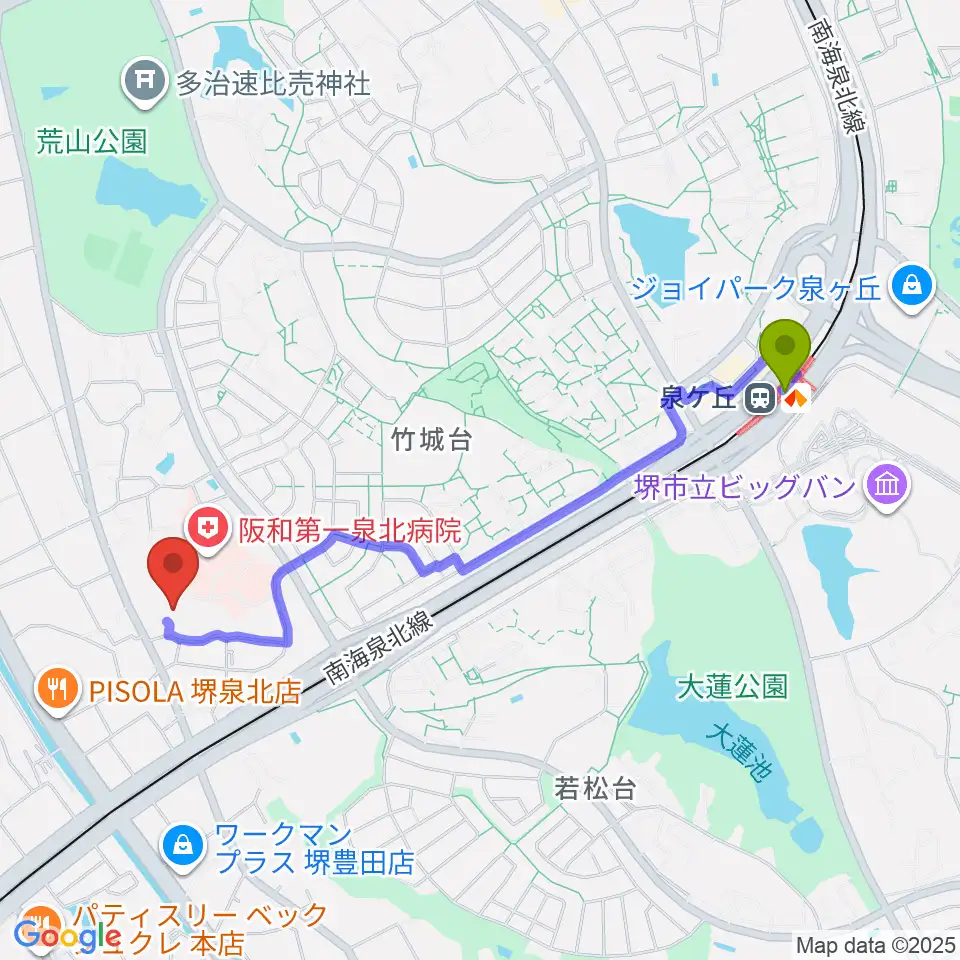泉ヶ丘駅から小谷城郷土館へのルートマップ地図
