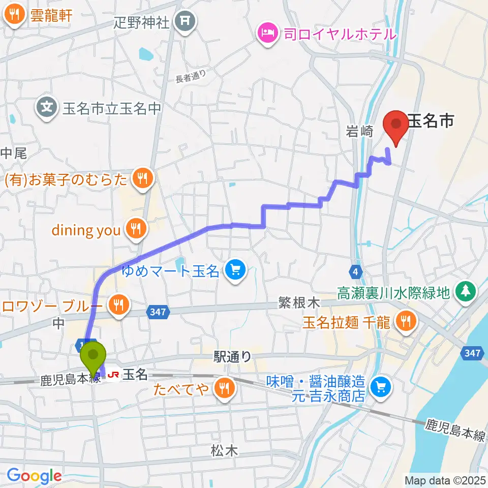 玉名市立歴史博物館こころピアの最寄駅玉名駅からの徒歩ルート（約25分）地図