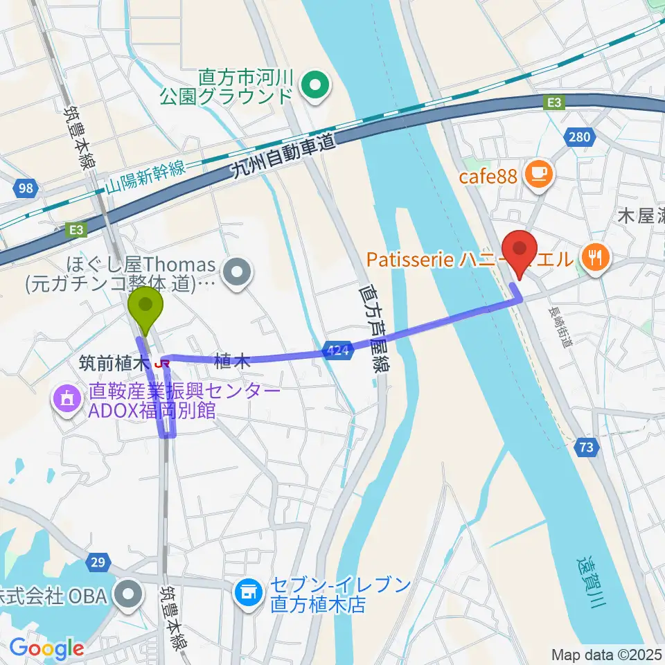 筑前植木駅から北九州市立長崎街道木屋瀬宿記念館へのルートマップ地図