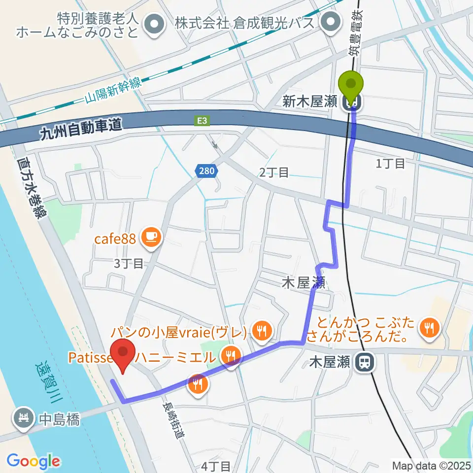 新木屋瀬駅から北九州市立長崎街道木屋瀬宿記念館へのルートマップ地図