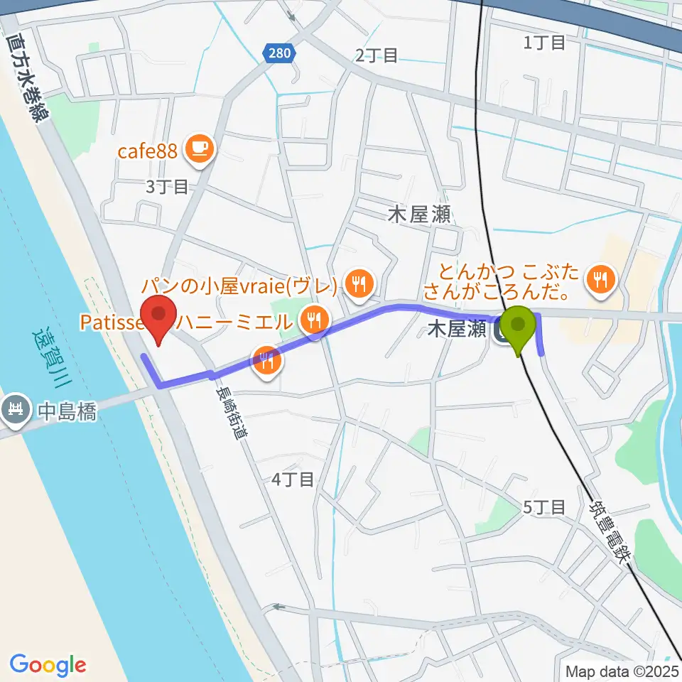 北九州市立長崎街道木屋瀬宿記念館の最寄駅木屋瀬駅からの徒歩ルート（約8分）地図