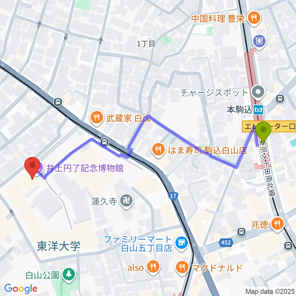 本駒込駅から東洋大学井上円了記念博物館へのルートマップ地図