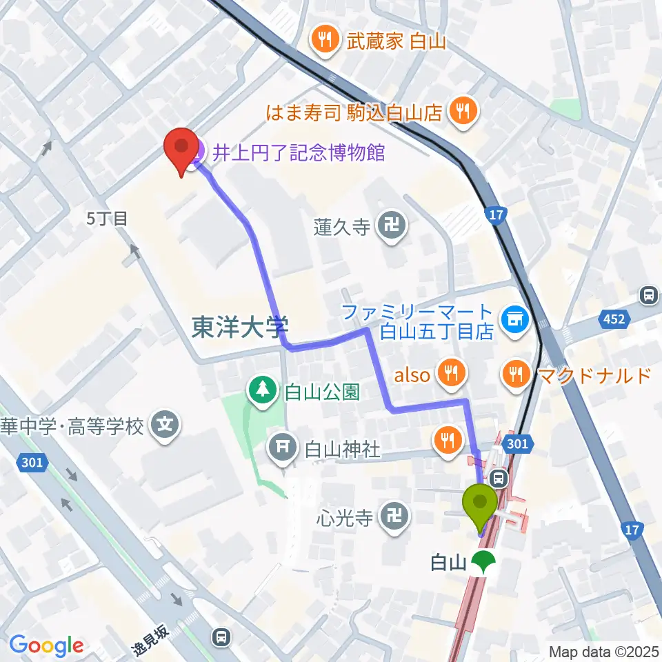 東洋大学井上円了記念博物館の最寄駅白山駅からの徒歩ルート（約5分）地図
