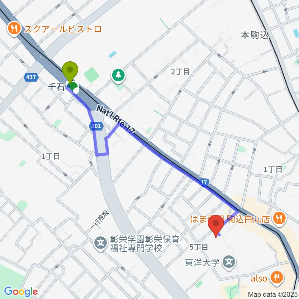 千石駅から東洋大学井上円了記念博物館へのルートマップ地図