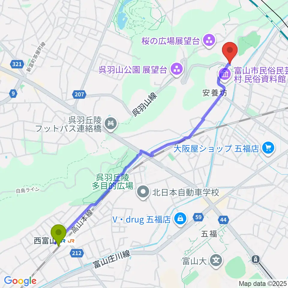 西富山駅から富山市民俗民芸村へのルートマップ地図