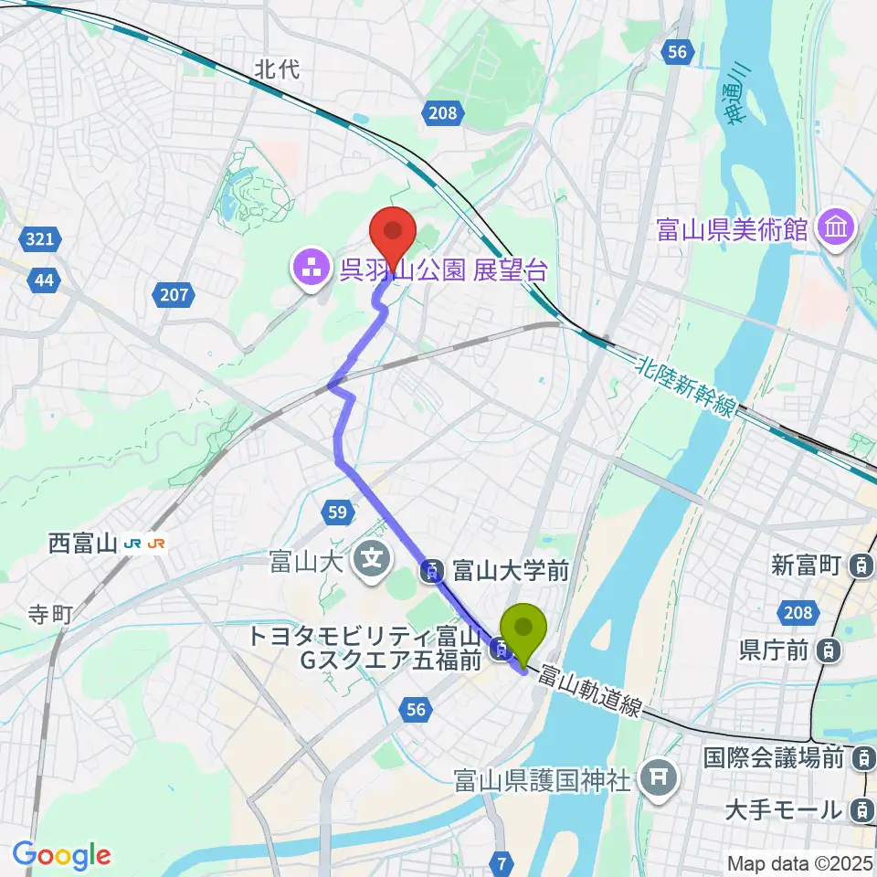 トヨタモビリティ富山 Gスクエア五福前（五福末広町）駅から富山市民俗民芸村へのルートマップ地図